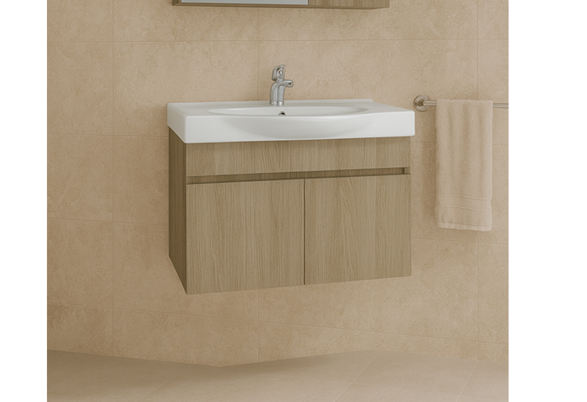 Απεικονίζεται ο πάγκος και ο νιπτήρας του επίπλου μπάνιου